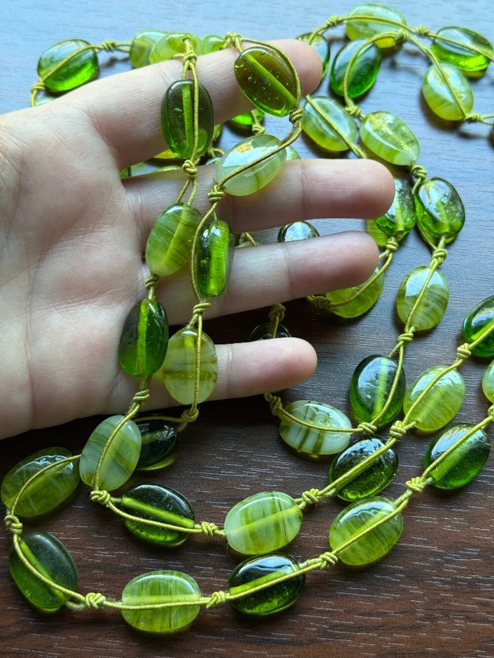 Vintage Green Glass Knotted Bead Necklace